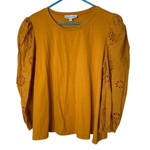 Jack + Avery Mustard Yellow Puff Sleeve Eyelet Top Women’s Plus Size 1X Boho